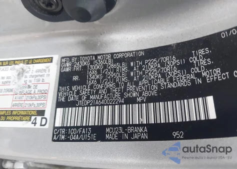 2004 Toyota Highlander V6 z USA, uszkodzony, nr VIN JTEDP21A640022294